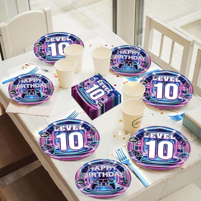 96Pcs 10th Birthday Video Game Party Decorations 10 Years Old Themed Tableware Purple Blue Plates Napkins Forks Level 10 Dinnerware Party Supplies for Kids Boys Gamer Gaming Birthday Serves 24 Guests