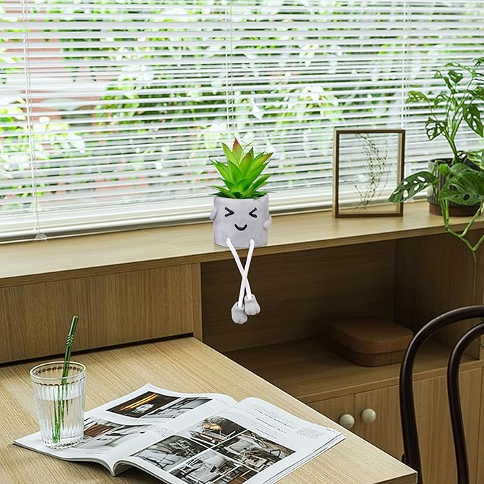 LUZOGA Cute Artificial Succulent Plant in Cement Pot with Hanging Legs - Kitchen Shelf, Bathroom, Office Wall Decoration, Mini Fake Succulents Decor Accents for Desk Shelf - Set of 1