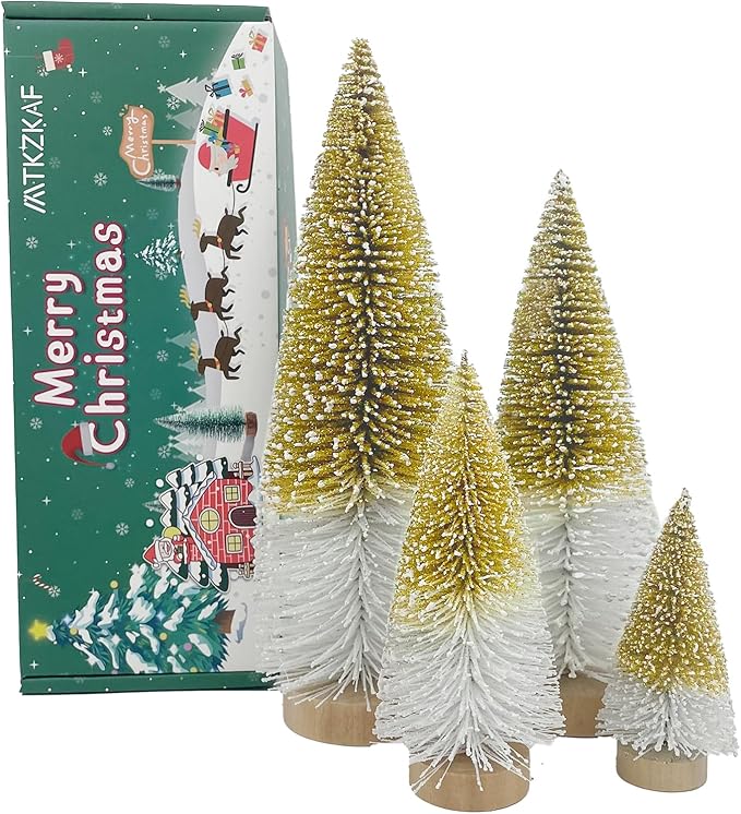 MTKZKAF Mini Christmas Trees Bottle Brush Christmas Trees for Christmas Decorations Multicolor Table Top Gradient Christmas Tree with Wooden Base (Gold+White)