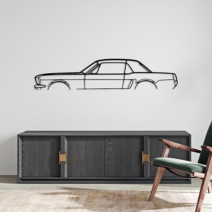DecoSoul Mustang Metal Car Wall Art, Sports Car, Automotive Silhouette Line Decoration, Minimalist Sculpture for Garage, Indoor Outdoor Wall Hanging, Gift for Boyfriend (Black - 30 x 8.2” inch)