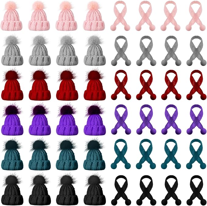 Bencailor 48 Pcs Mini Christmas Knitting Hats and Mini Christmas Scarf Set Knitting Doll Hat Scarf Santa Knit Hat Tree Ornaments for DIY Craft Art Doll Decoration (Multicolor)