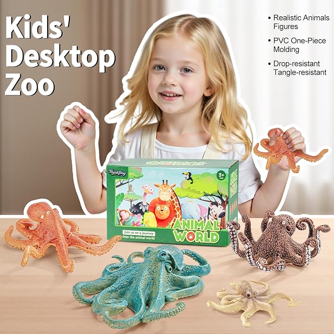 4PCS Octopus Figurines Sea Animal Toys,Plastic Ocean Animals Toys Figures, Realistic Soft Sea Creatures Toys for Kids Boys Girls - Birthday Gifts for Kids Cake Toppers Decoration