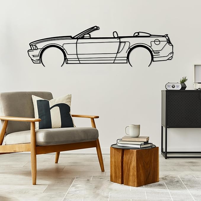 DecoSoul Mustang Metal Car Wall Art, Sports Car, Automotive Silhouette Line Decoration, Minimalist Sculpture for Garage, Indoor Outdoor Wall Hanging, Gift for Boyfriend (Black - 40 x 11” inch)