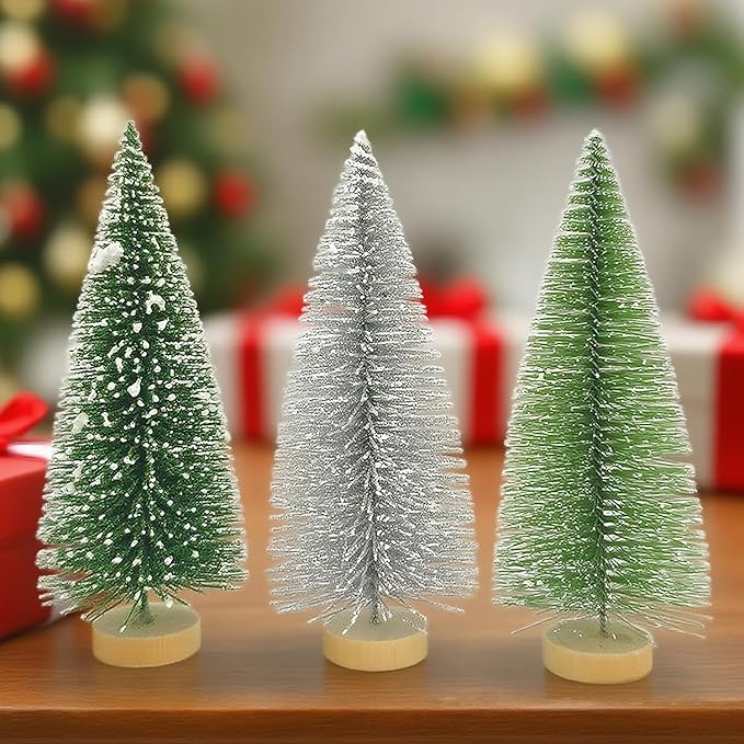 Yahpetes Christmas Tree 15 Pcs Sisal Trees Artificial Xmas Trees 3 Colors Bottle Brush Trees Miniature Pine Trees with Wooden Base for Christmas Holiday Decorations (Silver,Green,Dark Green 15Pcs)