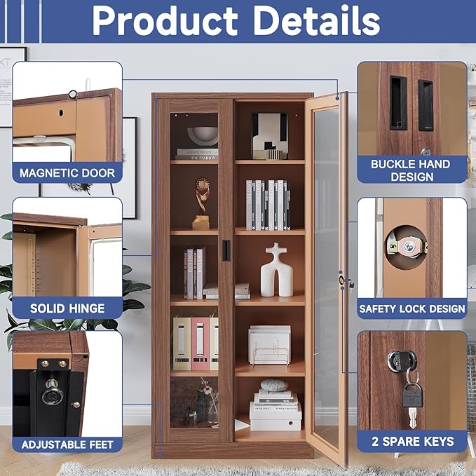 Display Cabinet with Glass Doors, Display Case Cabinet for Collectibles, Curio Display Cabinet with 4 Adjustable Shelves, 71" Glass Display Cabinet for Home Living Room (Wood Color)