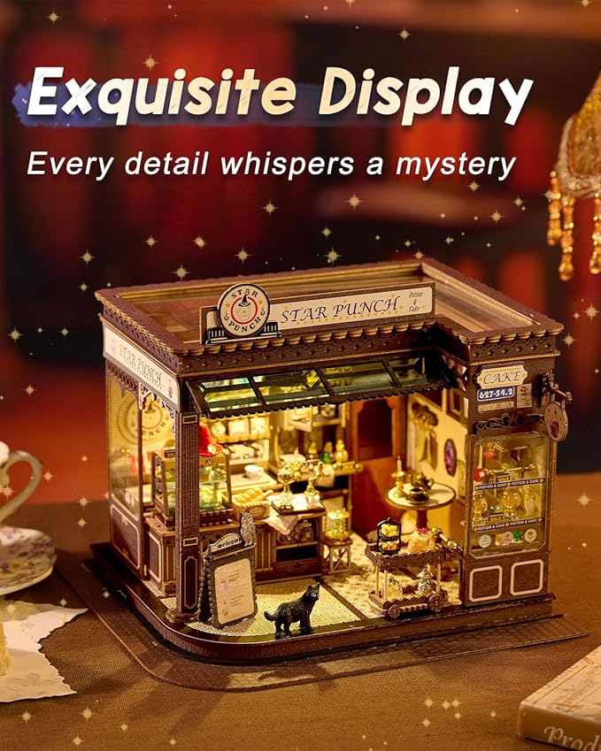 Miniature House Kit Magic Coffee Shop, DIY Miniature Dollhouse Kit for Adults, Tiny House with Furniture & LED Lights, Wooden Craft Mini Model Kits, Birthday Gift for Teens Family Friends