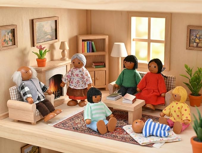 Jzszera 15 Pcs Wooden Dollhouse People with Movable Limbs, Doll House Family Figures for Educational Pretend Play