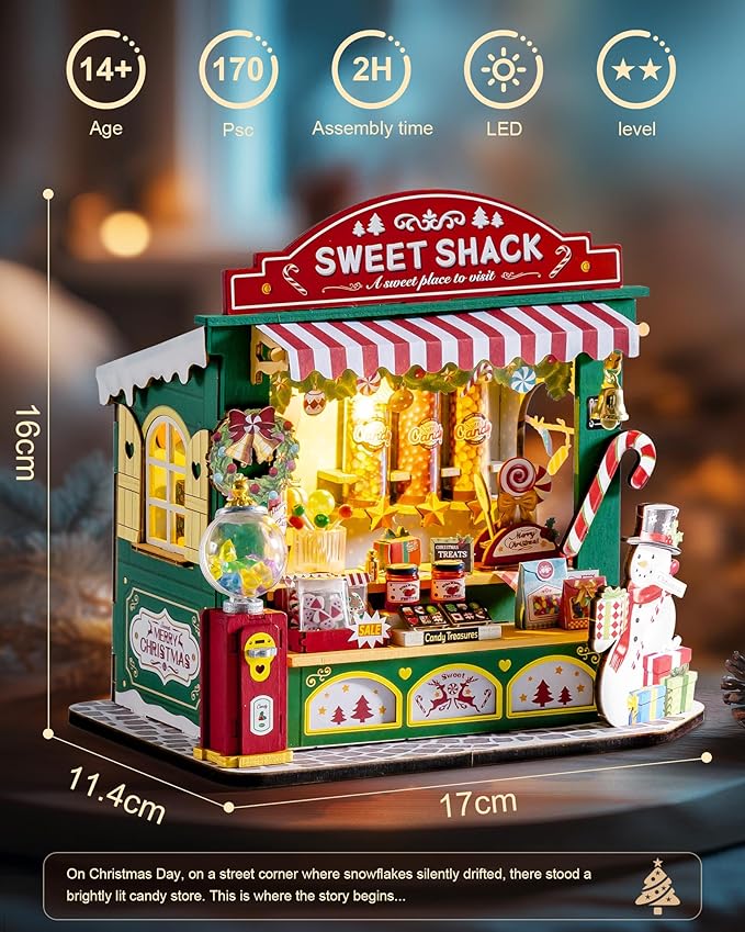 ROBOTIME DIY Miniature House Kit for Adult and Teens, Tiny House Building Kit for Family and Friends, Mini Wooden Dollhouse Kit for Halloween/Christmas/Birthday Gifts (Christmas Candy Stand)
