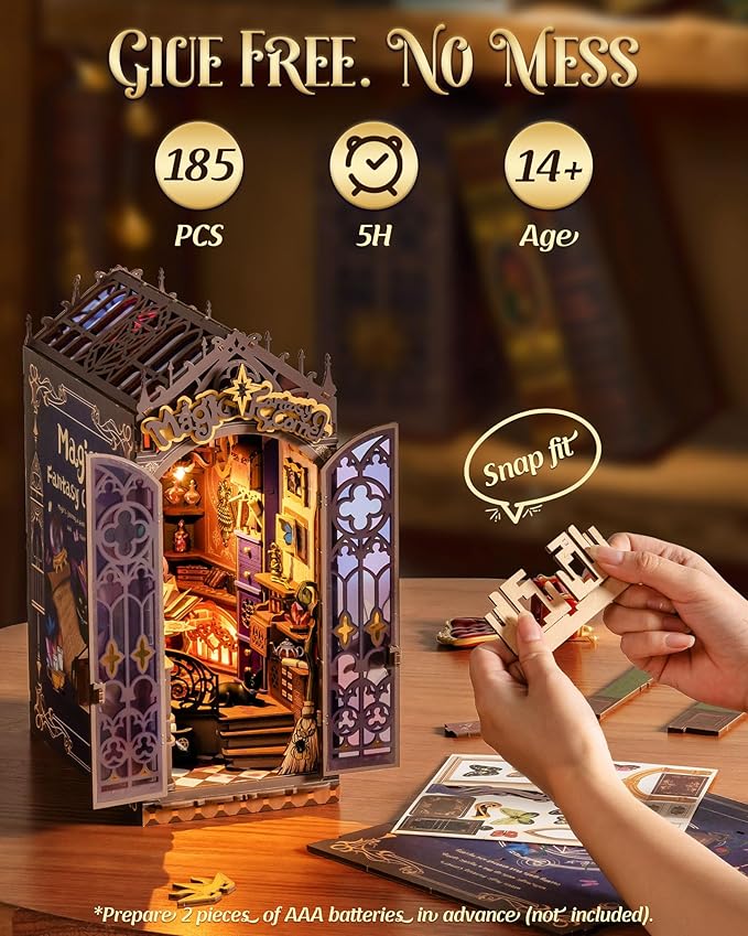 Rolife Book Nook Kit Magic Fantasy Corner DIY Miniature House Kit, 10" Wizard Witch Room Booknook Bookshelf Insert Decor 3D Wooden Puzzles for Adults Halloween Chiristmas Gift