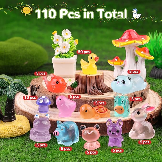110PCS Mini Resin Animals Miniature Figures to Hide,Tiny Cute Figurines Glow in Dark, Little Animal Small Accessories for Topper Desk Garden Dollhouse Landscape Aquarium Ornaments Crafts & Decor