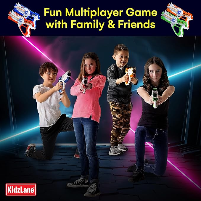 Kidzlane - Rechargeable Laser Tag Guns Set of 4 - High-Tech Infrared Laser Tag for Kids and Adults with Realistic Sounds, Vibrations and LED Lights - 4-Team Multiplayer Game
