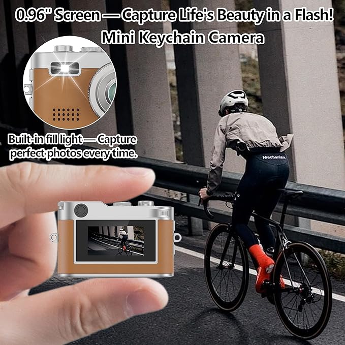 Mini Keychain Camera, 1080P Video Recorder, 0.96'' Display 12MP Retro Compact Tiny with 16GB SD Card, USB Adapt, 200mAh Battery, Lenane Digital Camera for Kids, Students, Travel, Daily (Brown)