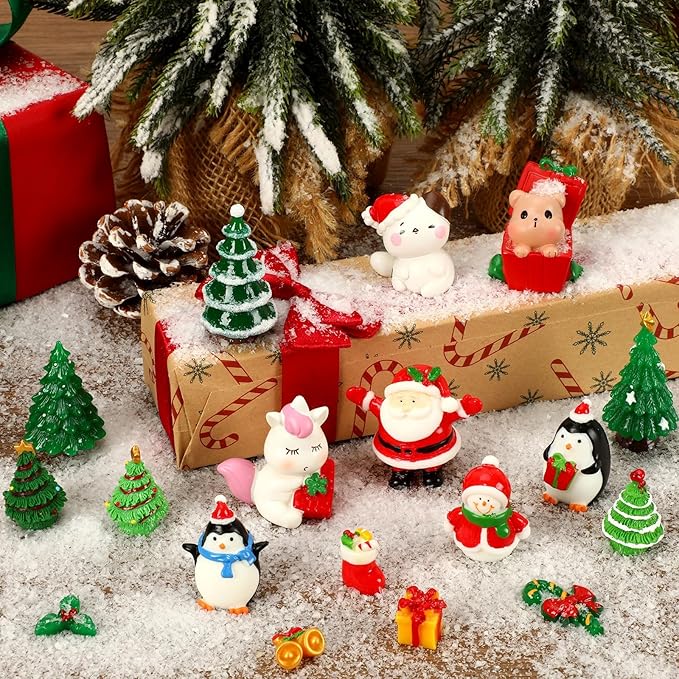 56Pcs Miniature Christmas Figurines, Xmas Mini Resin Figures Santa Elk Penguin Snowflake Tiny Ornaments for Snowglobe DIY Christmas Village Dollhouse Decor