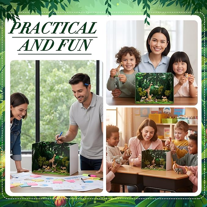 AmazingSpark 2 Set Rainforest Style Diorama Box and Fake Grass Decor, Rainforest Diorama Project Supplies Set, Cardboard Display Case Kit & Artificial Grass with Double Sided Tapes for DIY Crafts Toys
