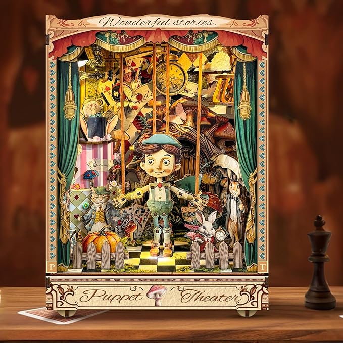 CUTEROOM Book Nook Kit for Adults, 3D Wooden Puzzle DIY Miniature Dollhouse Booknook Kit, Tiny House Building Kit with LED Light for Bookshelf Insert Decor- Puppet Theater