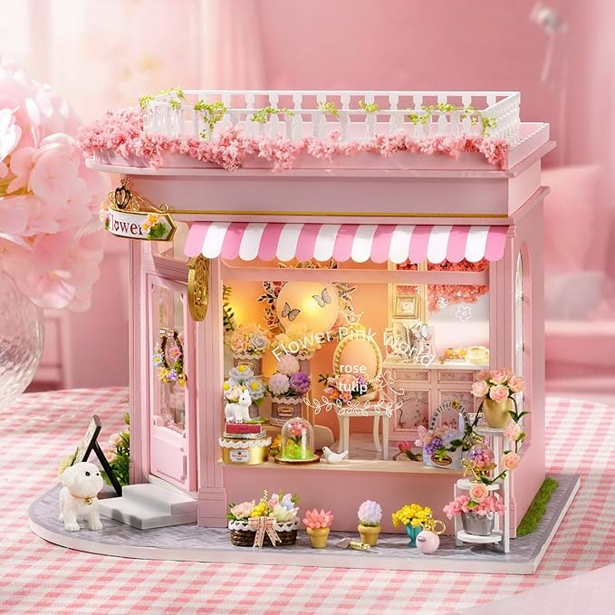 DIY Miniature House Kit, Dollhouse Kit with LED Light, Mini House Building Kits for for Adult to Building, Christmas Home Decorations Gifts for Family and Friends, Pink World