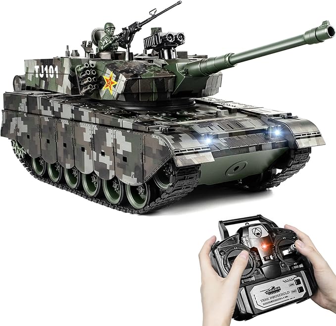 1:18 RC Tank, 2.4Ghz Chinese 99 Main Remote Control Battle Tank, 15 Channel RC Vehicle Army Toy with Smoke, Light and Sound, Military Truck for Adults and Kids
