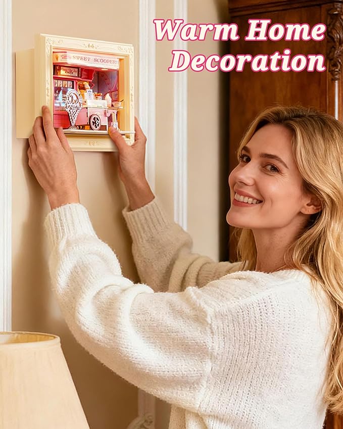 Rolife 3D Diorama Frame, Wall-Mounted Shadow Box & Dollhouse Display Case for & Christmas Decor, Quick-Build Unfinished Kit, Christmas Memorial Gift for Families (Sweet Scoopery Ice Cream)