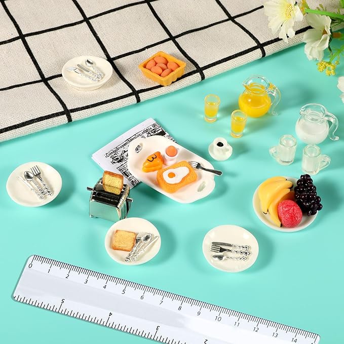simarro Miniature Dollhouse Breakfast Accessories, 46 Pcs 1:12 Scale Mini Toast Machine Bread Milk Eggs Cups Fruits Plates Fork Spoons Drink for Dollhouse Kitchen Scene and Cake Topper Decor