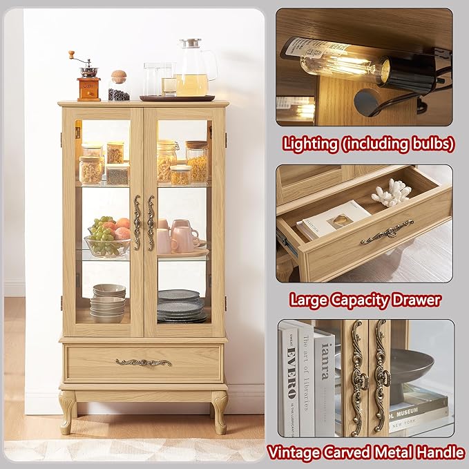 51" H Lighted Curio Display Cabinet with 2 Doors & 1 Drawer, Wooden Glass Curio Showcase w/Adjustable Shelves & Mirrored Back Panel, Storage Cabinet Display Case for Living Room (Light Oak)