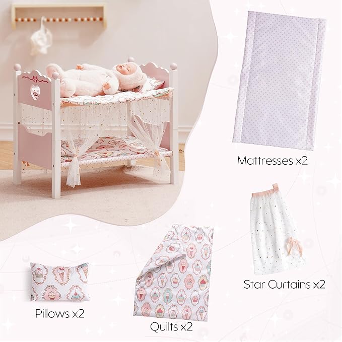 ROBOTIME Baby Doll Bunk Beds, Wooden Baby Doll Crib with Starry Curtain, Stackable Toy Crib for 18 Inch Dolls, Doll Bed Playset with Bedding Accessories, for Kids 3+ (Pink, 2 Pcs Beds)