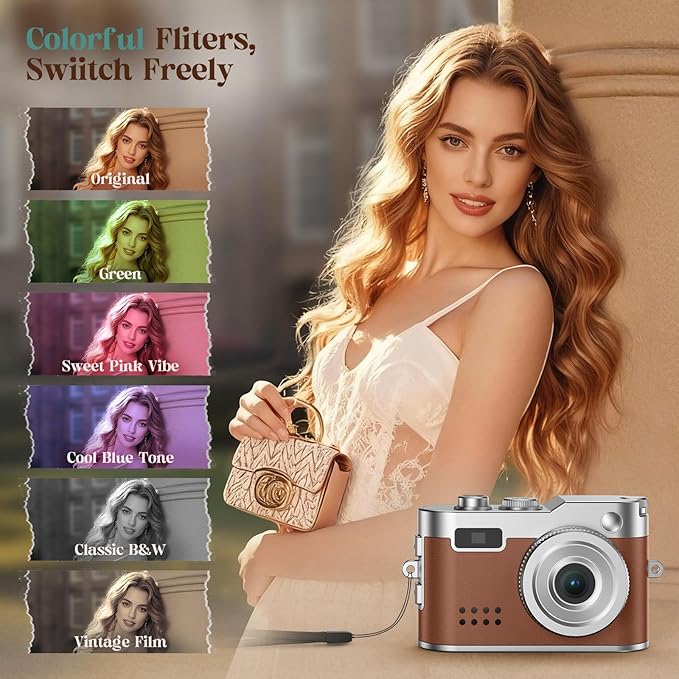 HOTU Mini Digital Camera, Keychain Camera 1080P HD with 2MP Lens, Flash, Video Recording, 32G Card Included, Portable and Compact Retro Vlog Camera for Travel, Kids, Brown