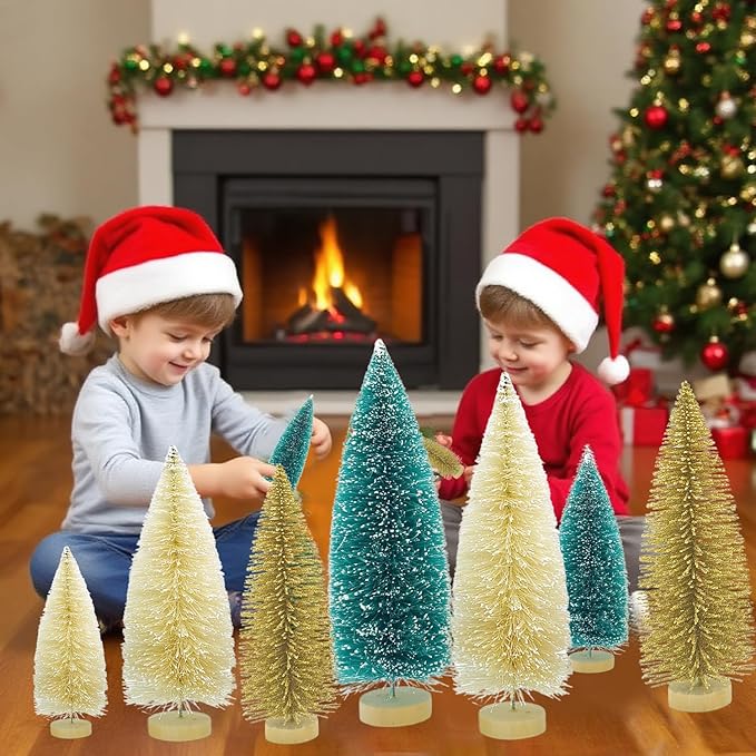 Yahpetes Christmas Trees 9 Pcs Artificial Bottle Brush Tabletop Trees Christmas Table Decorations for Xmas Holiday Party Decor (Blue-Green,Gold,Beige 9Pcs)