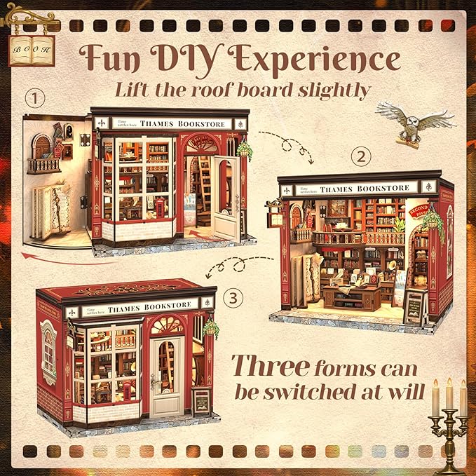 Book Nook Library Kit, DIY Miniature Dollhouse Booknook Kits for Adults Teens, Magic Bookshop 3D Wooden Puzzle Crafts Bookshelf Decor with LED Light, Gift for Family and Friends (Thames Bookstore)