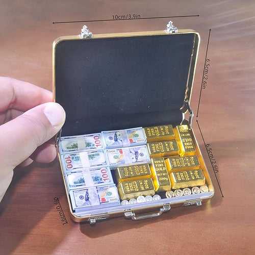 1:6 Scale Miniature Gold Briefcase Gift Set with Fake Gold Bars, 180Pcs Mini $100 Dollar Bills & Vintage Coins | Unique Collectible Display, Dollhouse Accessory & Fun Novelty Gift for Adults