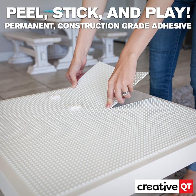Creative QT Peel-&-Stick Brick Baseplate - 4-Pack White Baseplates, 10 x 10 in - Building Plate for Creative Play Tables, Walls & Racecar Tracks & Toys - Compatible with Lego