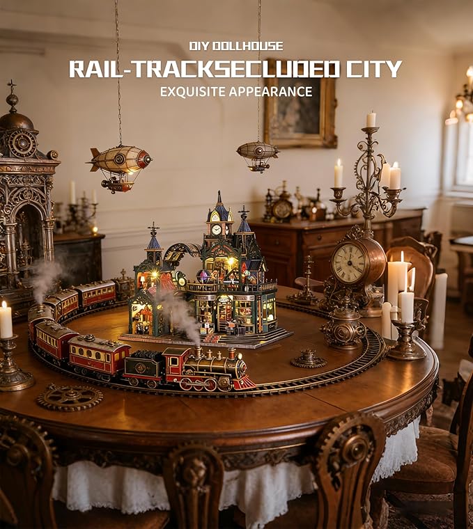 DIY Tiny House, Miniature House Kit Steampunk-Style Rail-Track City Wooden with LED Lights & Music Box & Display Case, Dollhouse Kit for Creative Home Decoration & Adult and Teens Gift