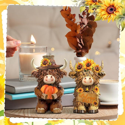 2 Pack Fall Thanksgiving Decor Highland Cow Resin Figurine Fall Pumpkin Flower Highland Cow Gnomes Scottish Resin Statue Calf Lovers Gifts for Autumn Home Garden Kitchen Office Tiered Tray Table Decor