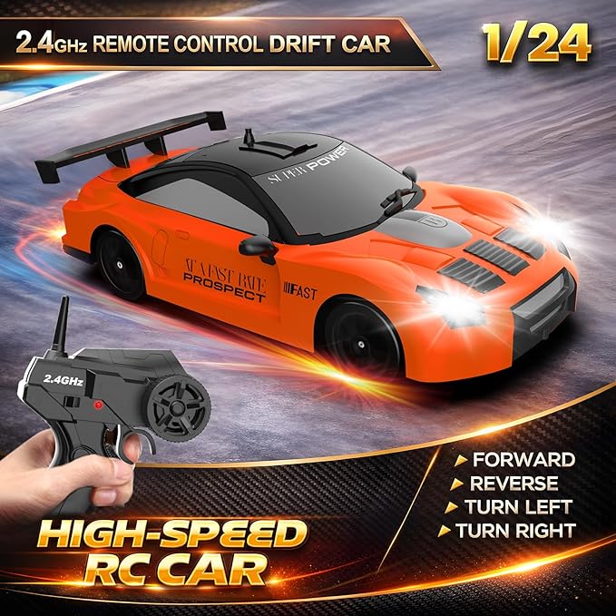 Remote Control Car RC Drift Car 2.4GHz 1:24 Scale 4WD 15KM/H High Speed Model Vehicle with LED Lights Drifting Tire Racing Sport Toy Car for Adults Boys Girls Kids Gift 2Pcs Rechargeable Batteries