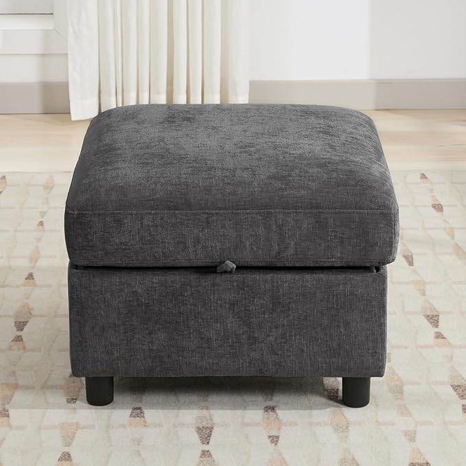25" Square Storage Ottoman for Modular Couch, Convertible Footrest with Hidden Compartment, Chenille Upholstered Coffee Table & Extra Living Room Seating, Dark Grey