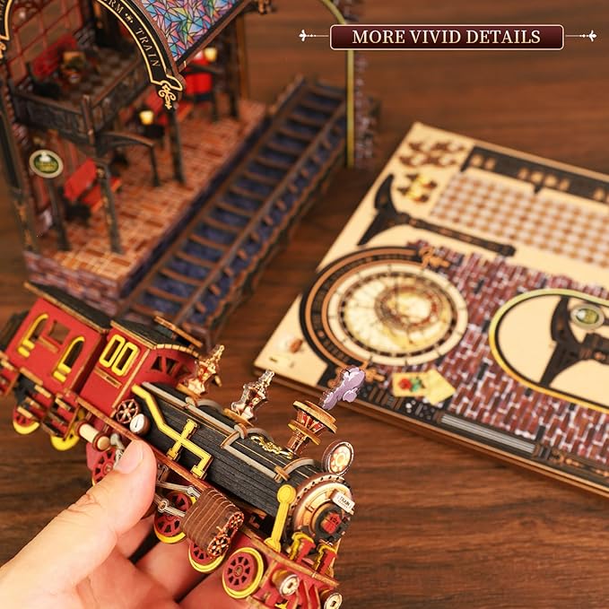 Book Nook Kit - DIY Miniature Dollhouse Booknook Kit with Steam Train, 3D Wooden Puzzle Bookend Bookshelf Insert Decor with LED, DIY Adults Crafts Kit Gifts for Family Friends