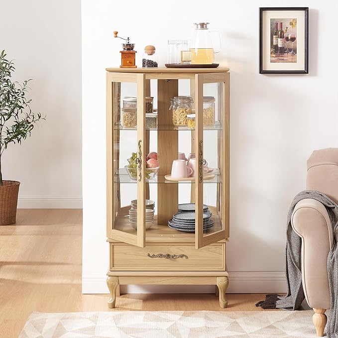 51" H Lighted Curio Display Cabinet with 2 Doors & 1 Drawer, Wooden Glass Curio Showcase w/Adjustable Shelves & Mirrored Back Panel, Storage Cabinet Display Case for Living Room (Light Oak)
