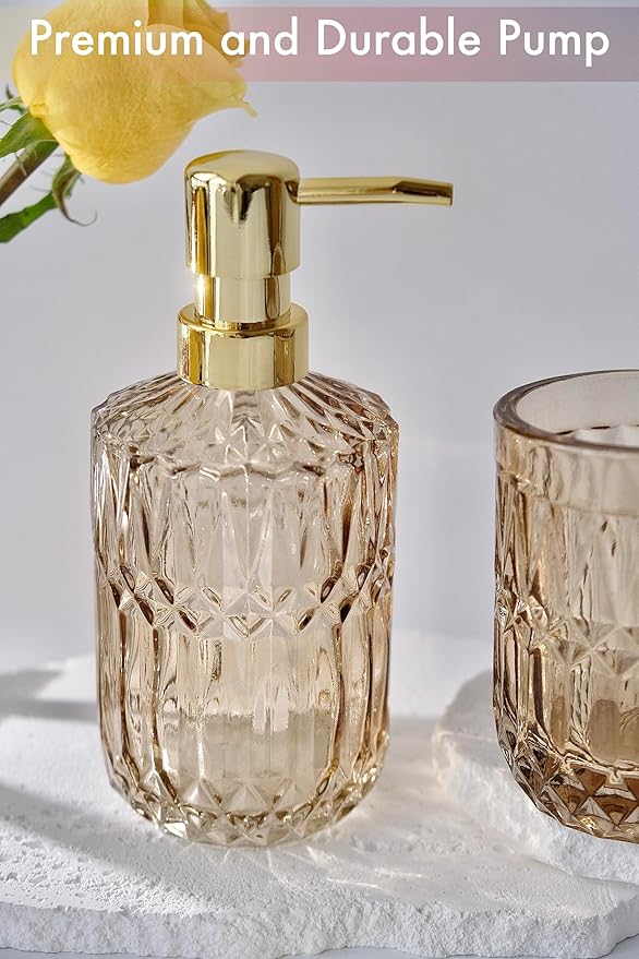 LaMarriti Brown Bathroom Accessories Set, 5Pcs Clear Glass Bathroom Accessories, Lotion Soap Dispenser, Toothbrush Holder Set, Soap Dish, Qtip Holder, Tumbler for Vintage Bathroom Decor, Gift Set