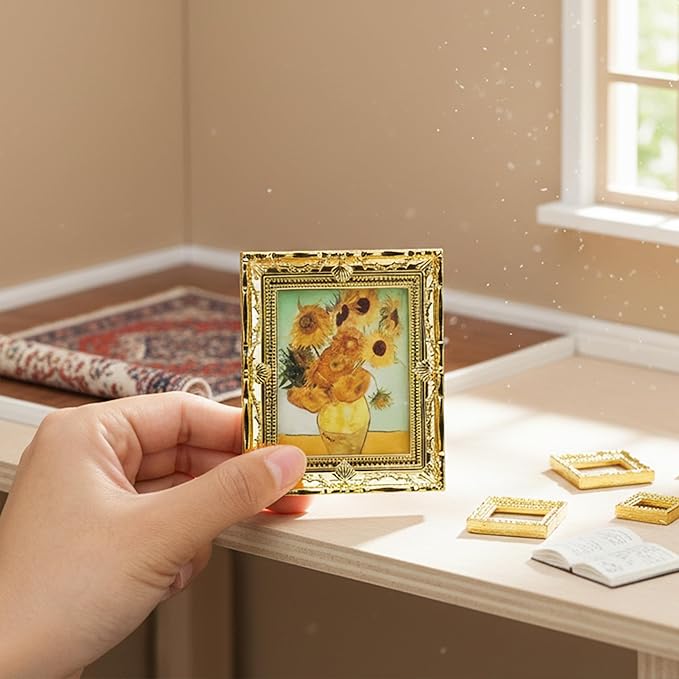 6PCS Mini Framed Art Dollhouse Wall Art Set – 1:12 Scale Miniature Framed Picture Painting, Vintage Golden Antique Gold Frames Oil Photo for Gallery Home Decor Accessory, Tiny Van Gogh Monet Artwork