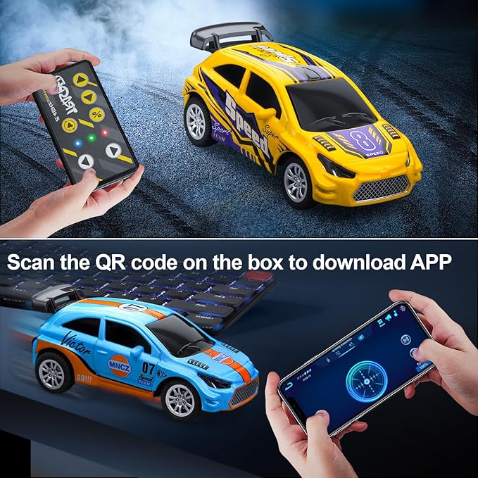 Mini Rc Car, 1/64 Scale Remote Control Car with LED Lights, 2.4Ghz Alloy Remote Control Racing, Speed/Steering Adjustable (Yellow)