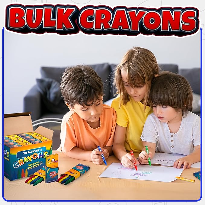 Bedwina Bulk Crayons - 96 Crayons - (Box of 24 Packs) - 4 - Per Pack, Premium Bright Colors for Kids and Toddlers, Non-Toxic for Coloring, Party Favors, Restaurants, Goody Bags, Stocking Stuffers
