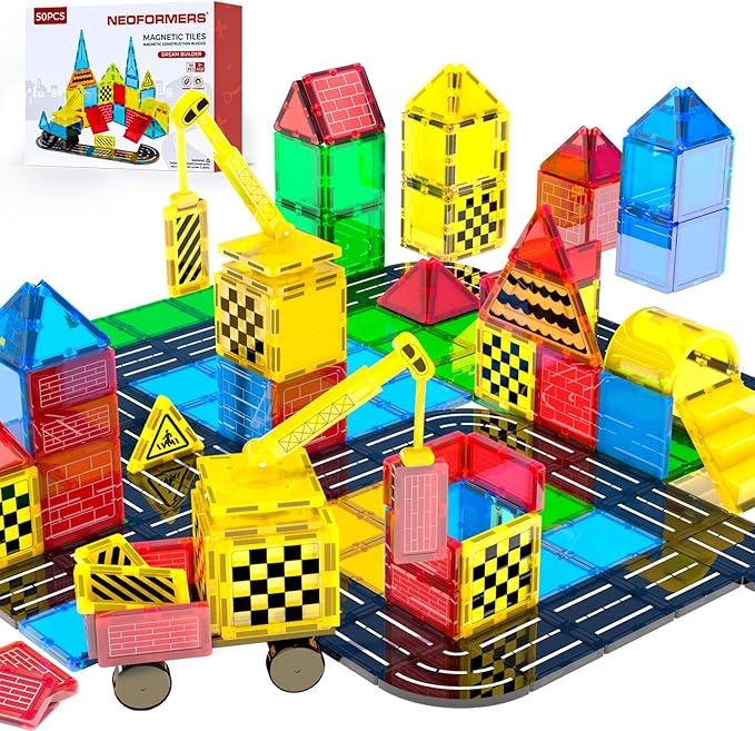 Magnetic Tiles Car Set Truck Kit Toy with Stronger Magnets, Educational Magnet Cars with Re-Enforced Hitch and Long Bed for Girls Boys Toddler Ages 3+ (50 PCS Builder)
