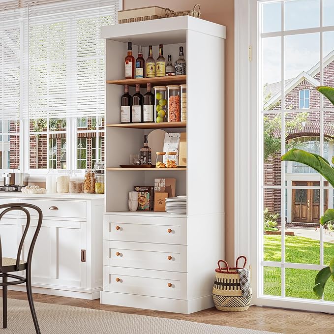 71" Tall Farmhouse Kitchen Pantry, Large Storage Cabinet with Adjustable Shelves, 3 Drawer, Wood Versatile Hutch Cabinet for Dining Room, Living Room, White