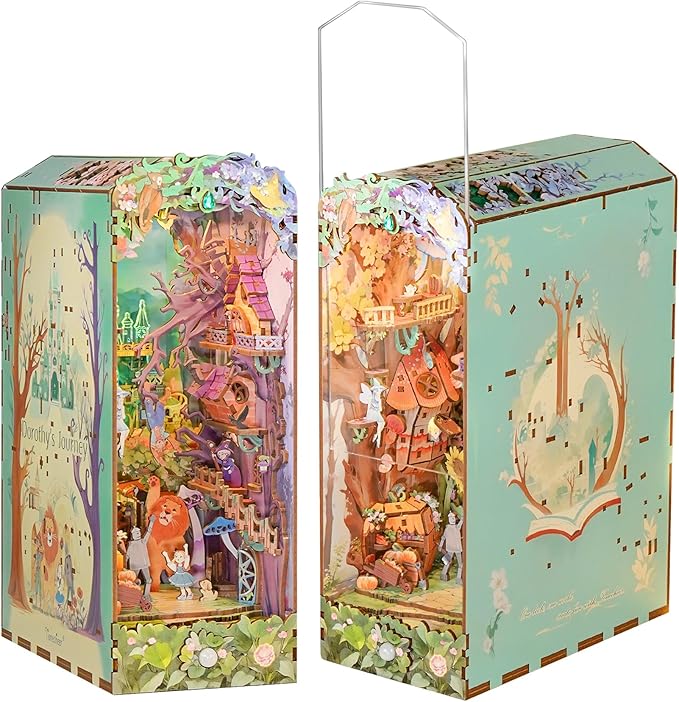 Tonecheer DIY Book Nook Kit, Dorothy's Journey 3D Puzzle Wooden Fairy Tales Miniature House Kit for Adults, Booknook Set Dollhouse Bookshelf Decor Bookend with Dust Cover and LEDs Ideal Gifts
