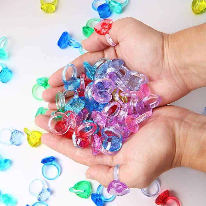 100 Pcs Gem Rings Toys for Kids, Bulk Toys Diamond Ring Party Favors for Boys Girls Toddlers, Colorful Princess Ring Dress Up Accessories for Carnival PrizesGoodie Bag Stuffers, Pinata Fillers