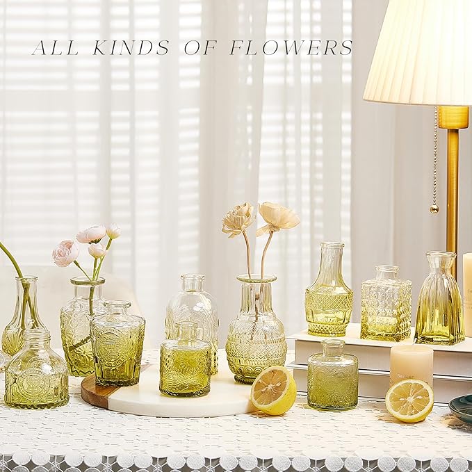 Glass Bud Vase Set of 16, Small Flower Vases, Glass Vases for Centerpieces, Vintage Home Table Decorations Bud Vases (16 Pcs, Green)