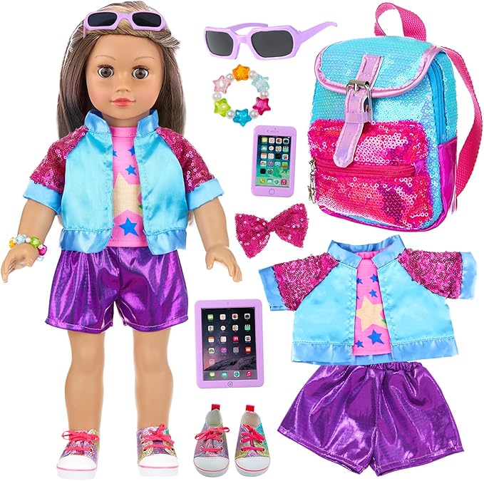 American 18 Inch Doll Clothes Set & Accessories Kit - 3-Piece Outfits with Shoes, Gradient Backpack, Hair Clip, Bracelet, Sunglasses, Toy Tablet & Phone for Kids