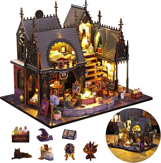 FLYINTOYS DIY Miniature House Kit with LED Light, Mini House Building Kit with Furniture, 3D Wooden Puzzles Dollhouse Bookshelf Insert Decor Kit for Family and Friends (Luna's Magic House)