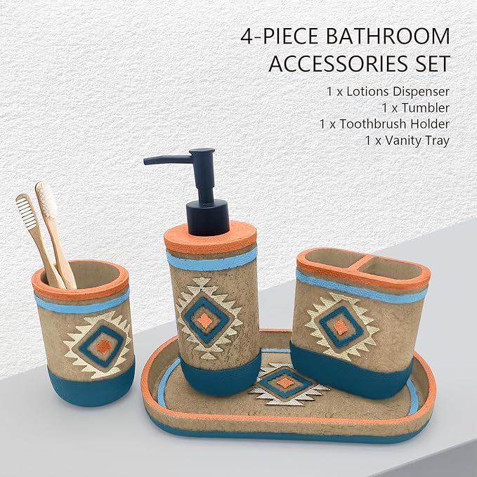 Bathroom Accessory Sets 4PCs Bathroom Set Complete Tribal Home Decor Southwest Pattern Shape Includes Lotion Dispenser Toothbrush Holder Tumbler Cup & Vanity Tray