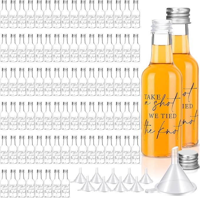Bokon 100 Pcs Mini Wedding Liquor Bottles Take a Shot We Tied The Knot Shot Glasses for Guests 1.7 Fl Oz/ 50 ml Plastic Reusable Empty Bottle with Cap Funnel Acrylic Mini Glasses for Bridal (Silver)