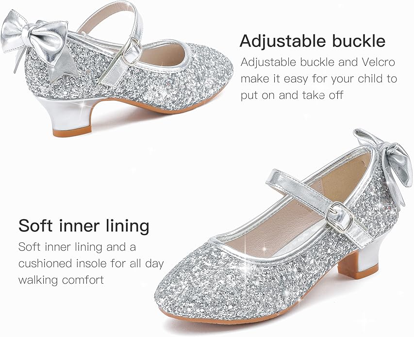 Dufannie Girls Dress Shoes Low Heel Princess Flats Mary Jane Flower Wedding Party Glitter Shoes for Kids Toddler